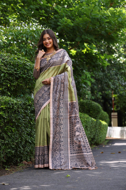 Tussar Silk Madhubani 109- GREEN