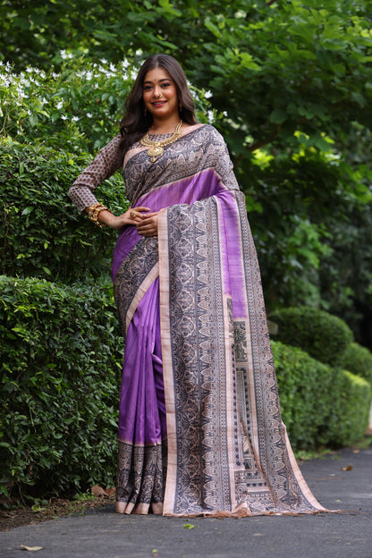 Tussar Silk Madhubani 109- PURPLE