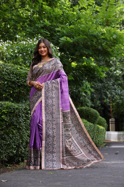 Tussar Silk Madhubani 109- PURPLE