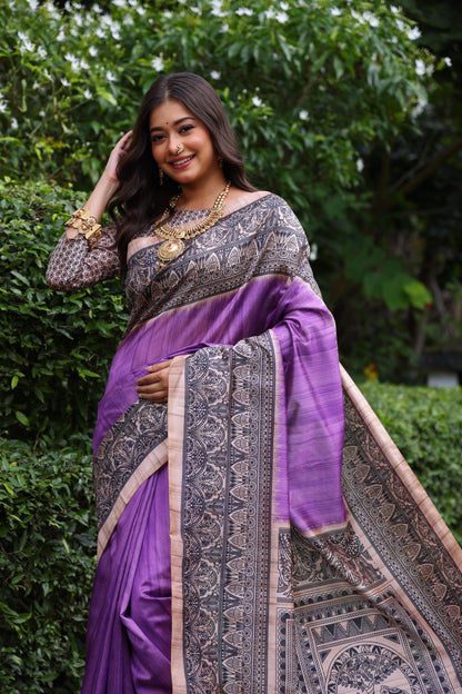 Tussar Silk Madhubani 109- PURPLE