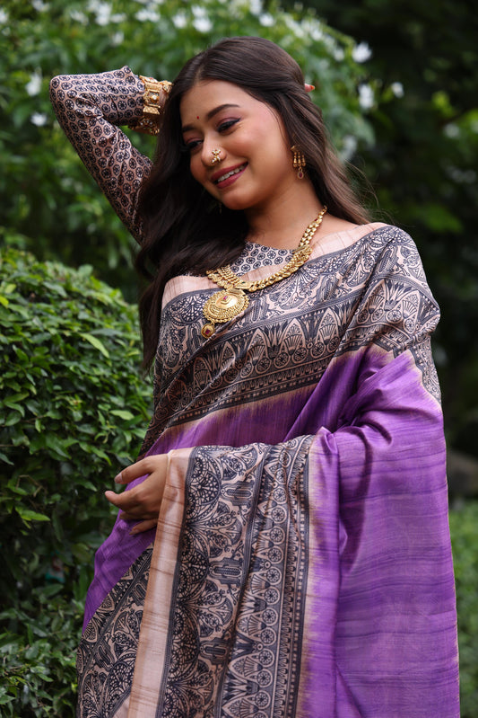 Tussar Silk Madhubani 109- PURPLE