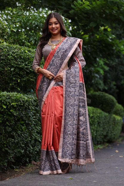 Tussar Silk Madhubani 109- ORANGE