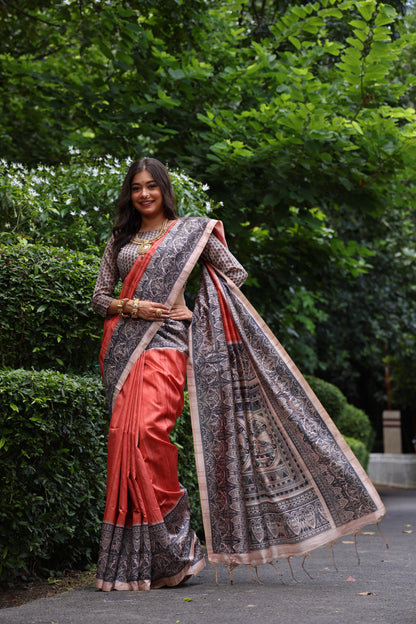 Tussar Silk Madhubani 109- ORANGE