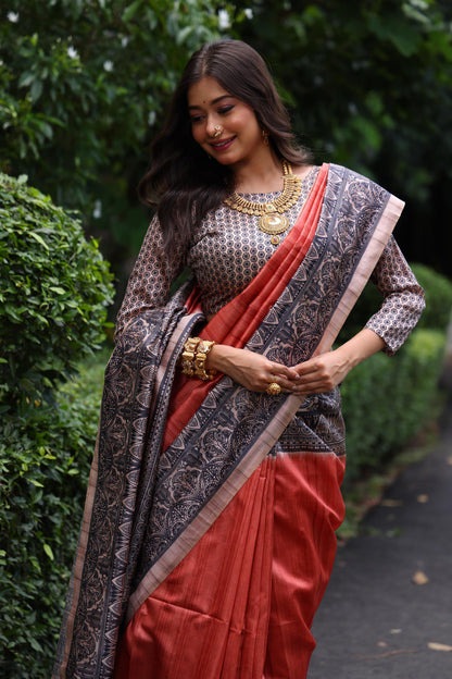Tussar Silk Madhubani 109- ORANGE