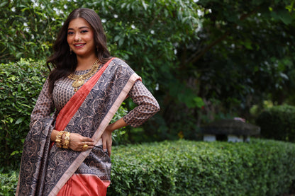 Tussar Silk Madhubani 109- ORANGE