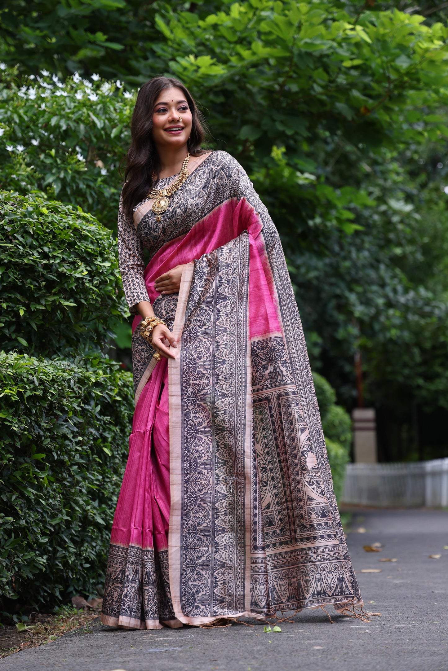 Tussar Silk Madhubani 109- PINK