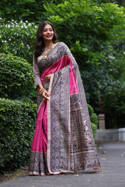 Tussar Silk Madhubani 109- PINK