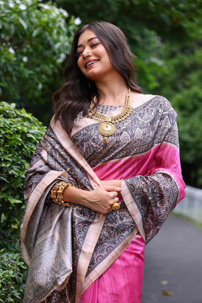 Tussar Silk Madhubani 109- PINK