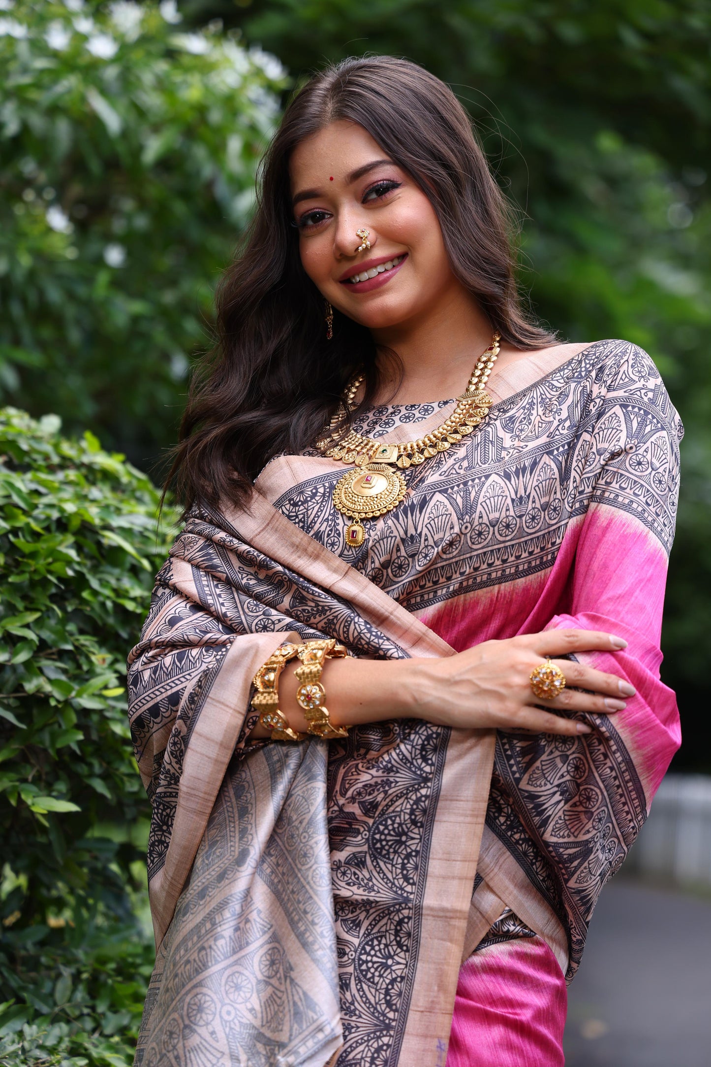 Tussar Silk Madhubani 109- PINK