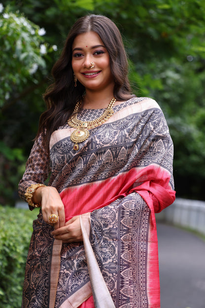 Tussar Silk Madhubani 109- RED