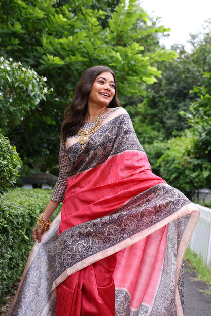 Tussar Silk Madhubani 109- RED