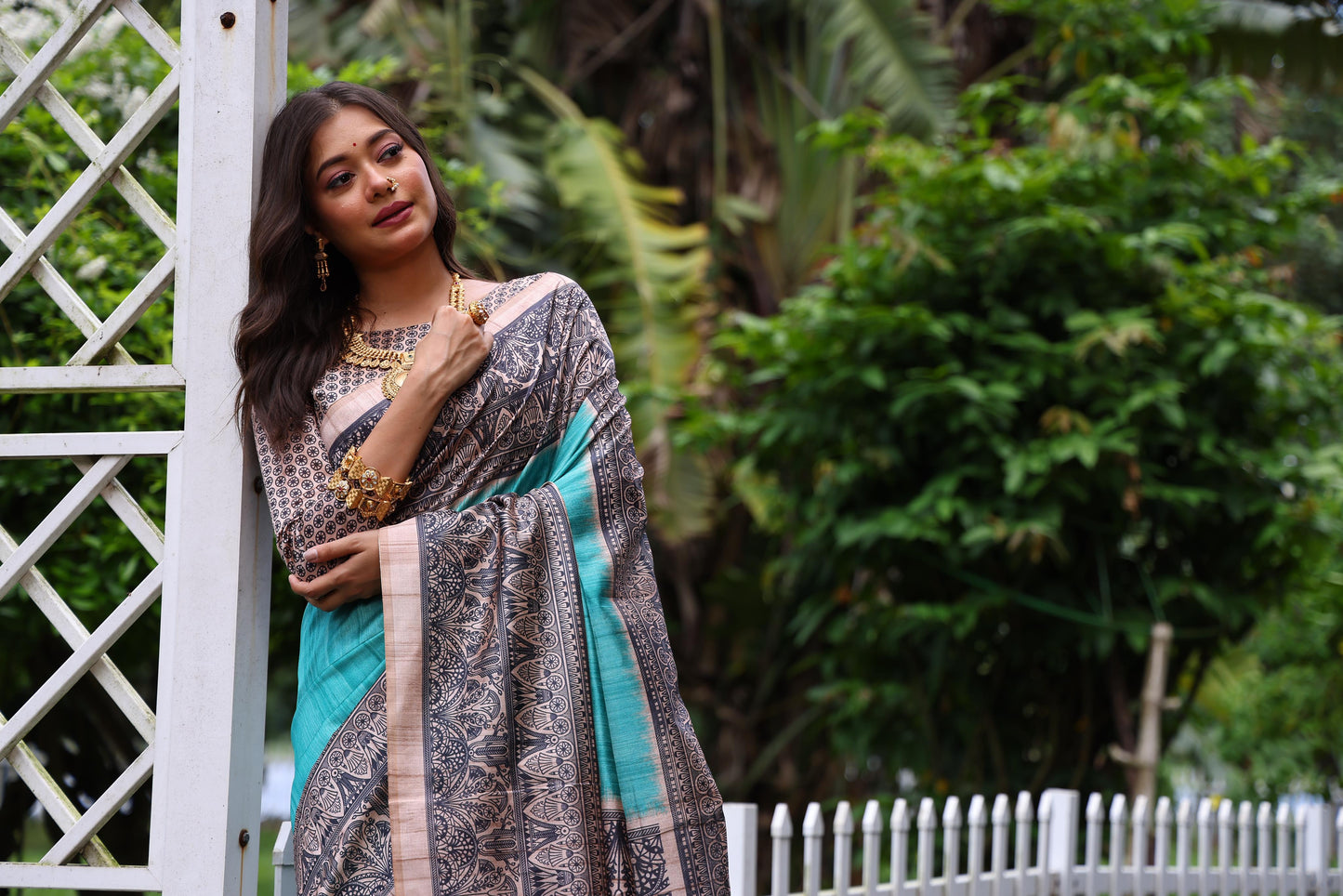 Tussar Silk Madhubani 109- SKY BLUE