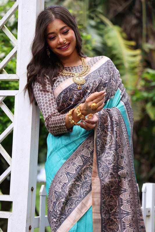 Tussar Silk Madhubani 109- SKY BLUE
