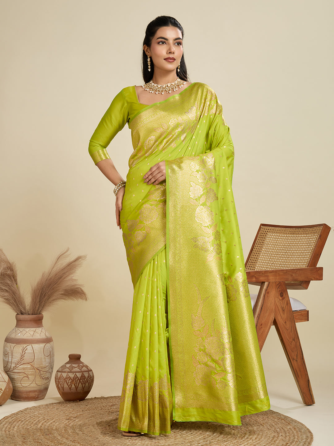 LIGHT PISTA BANARASI KATAN SILK SAREE