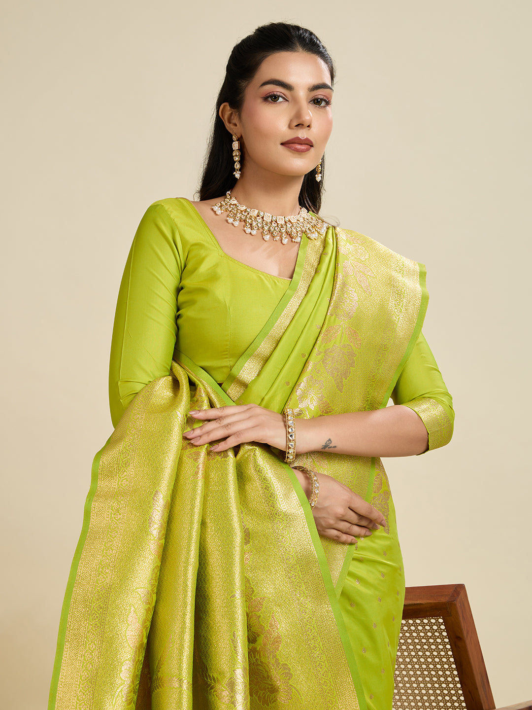 LIGHT PISTA BANARASI KATAN SILK SAREE