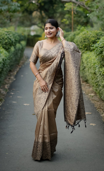 Handloom raw silk saree - CHIKU