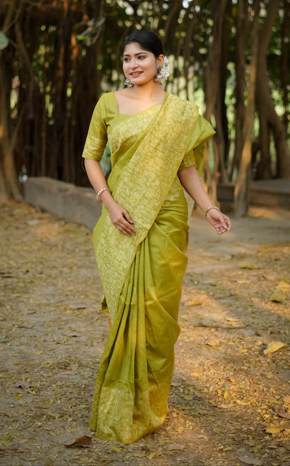 Handloom raw silk saree - MEHNDI