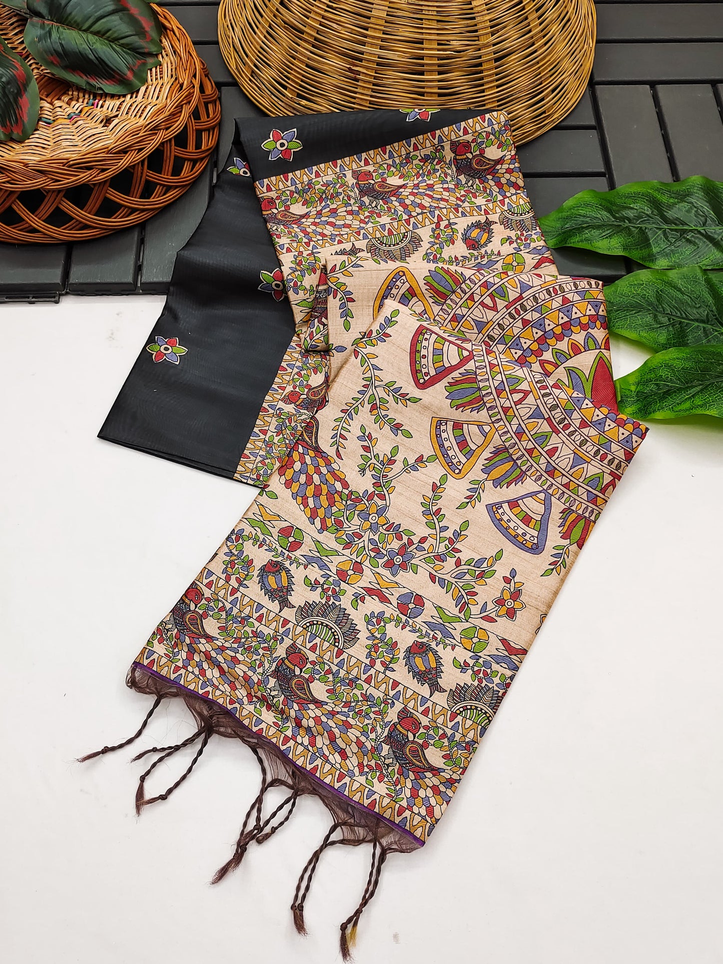 Tussar Silk Madhubani - BLACK