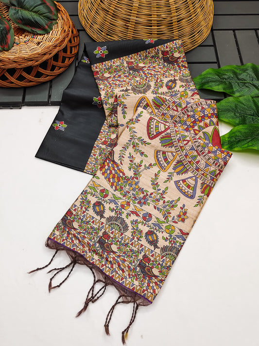 Tussar Silk Madhubani - BLACK