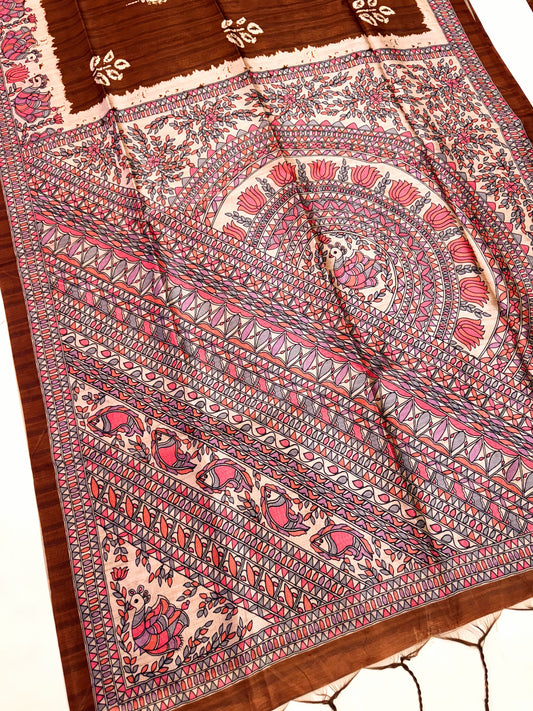 Tussar Silk Madhubani 104 - COFFEE