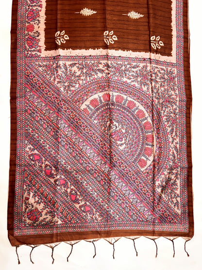Tussar Silk Madhubani 104 - COFFEE