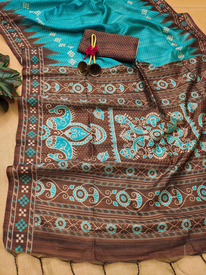 Soft Tussar silk saree with traditional temple print - FIROZI
