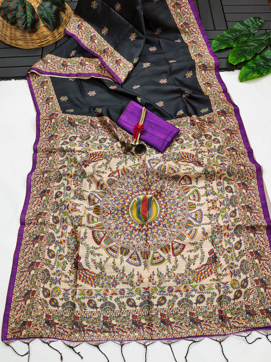 Tussar Silk Madhubani - BLACK