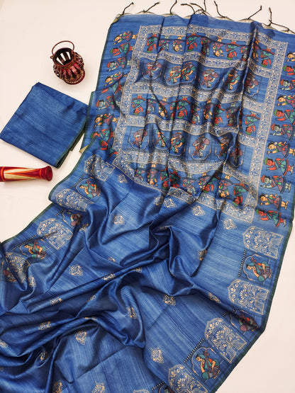 Madhubani Printed Saree - BLUE