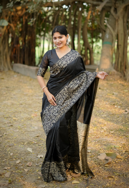 Handloom raw silk saree - BLACK