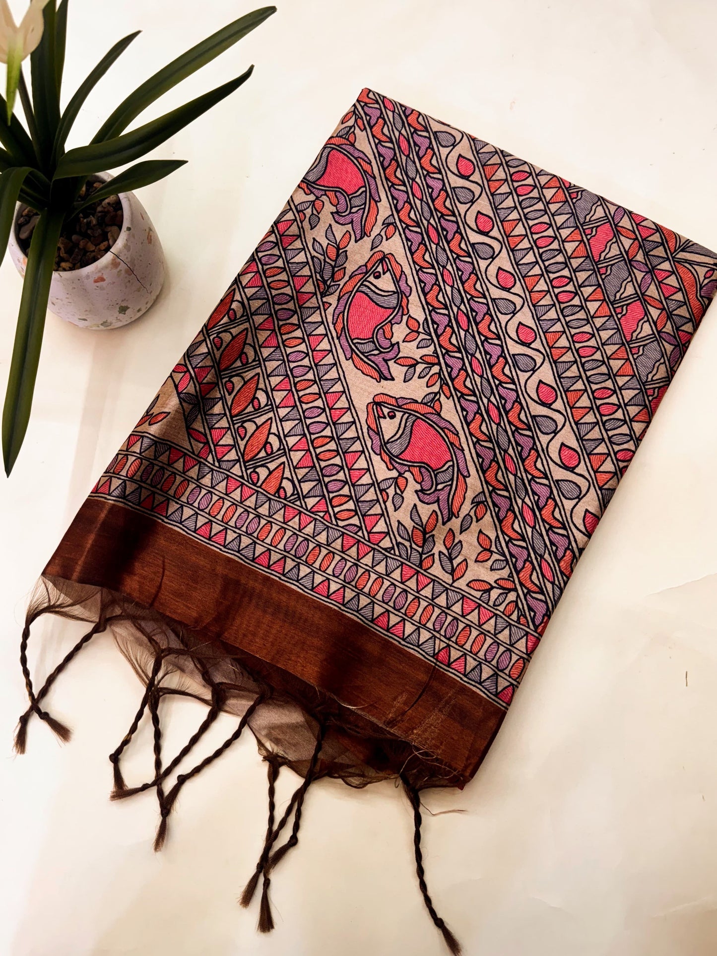 Tussar Silk Madhubani 104 - COFFEE