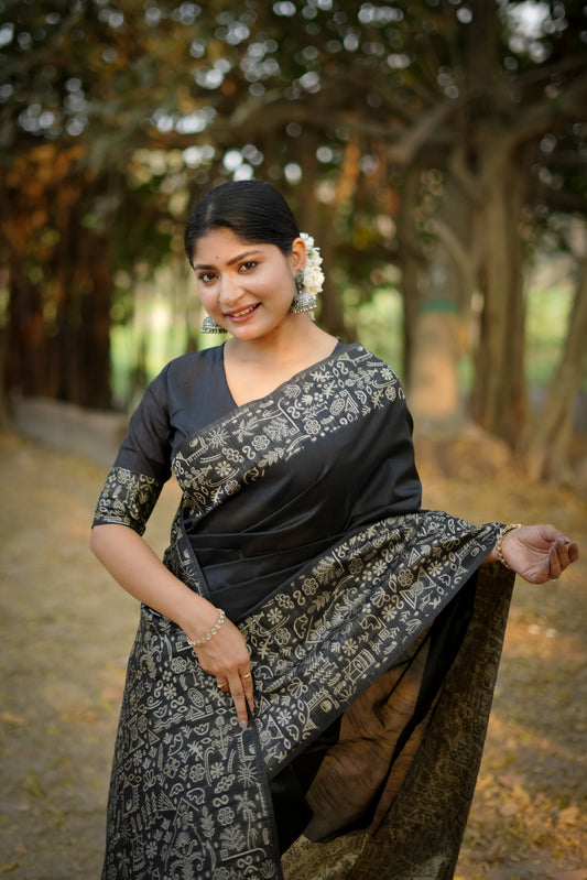 Handloom raw silk saree - BLACK