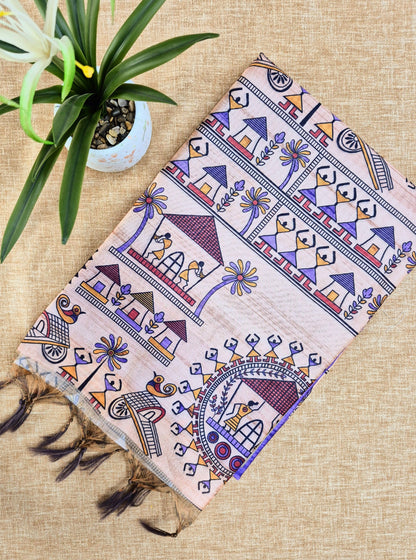 Tussar Silk Saree With  Warli Print Pallu - PURPLE