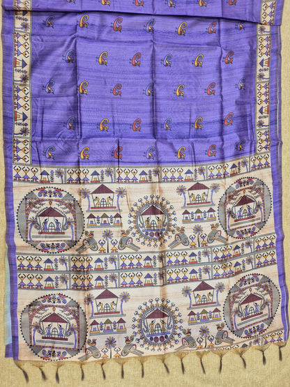 Tussar Silk Saree With  Warli Print Pallu - PURPLE