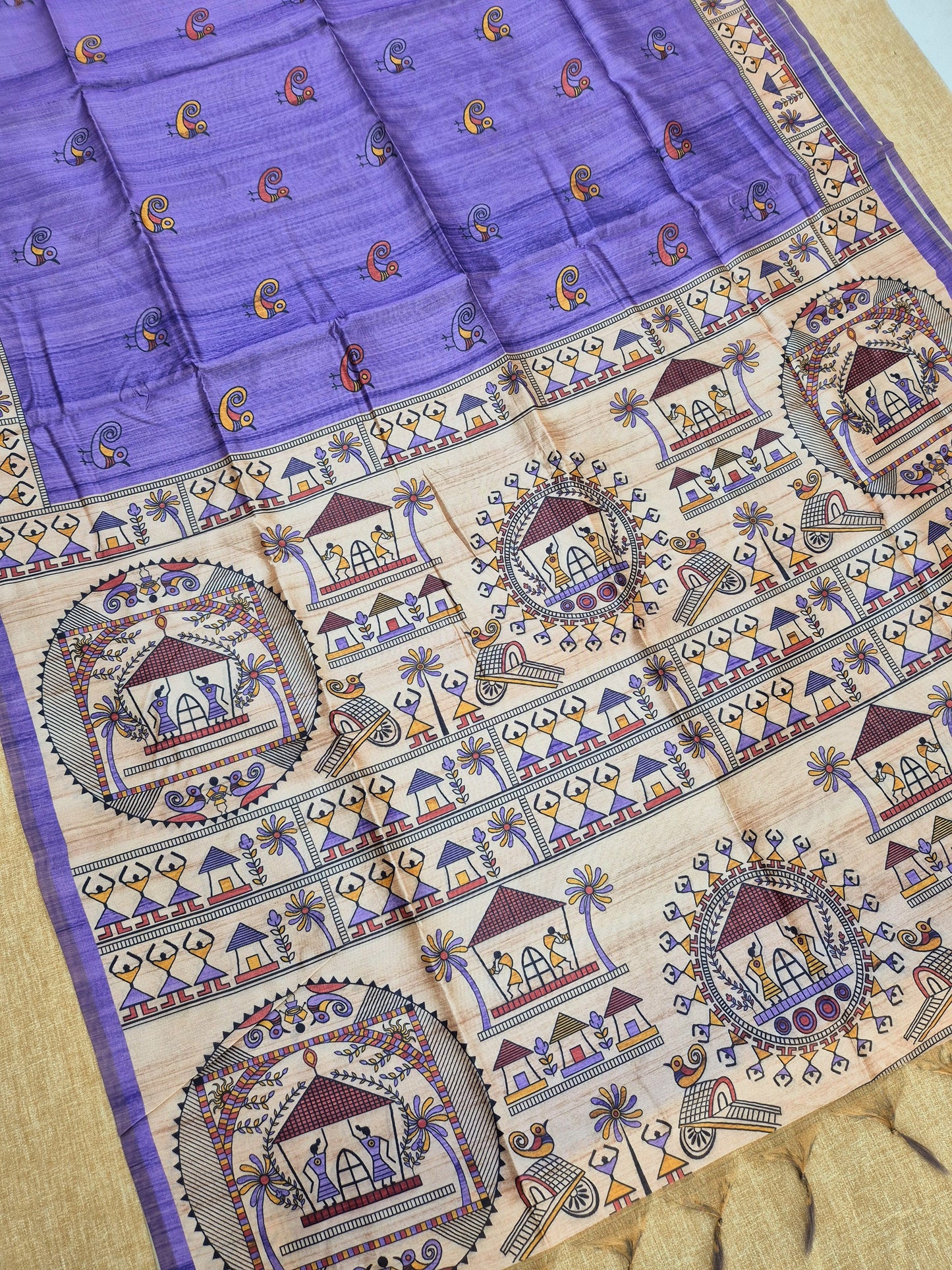 Tussar Silk Saree With  Warli Print Pallu - PURPLE
