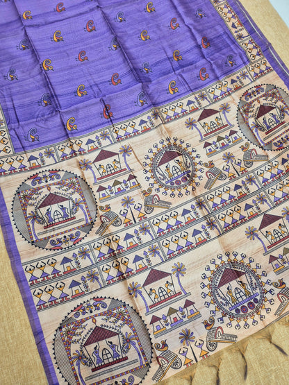 Tussar Silk Saree With  Warli Print Pallu - PURPLE
