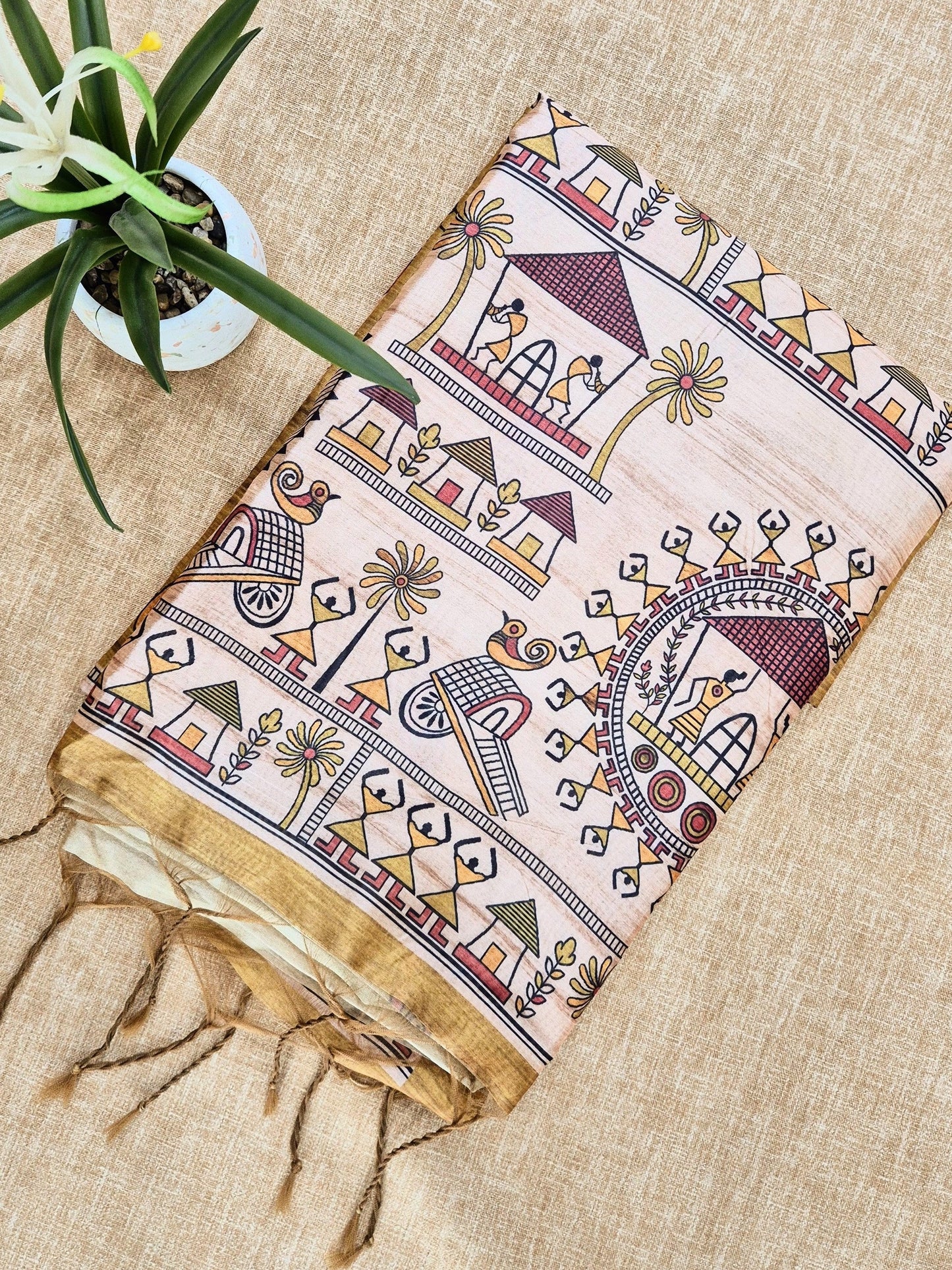 Tussar Silk Saree With  Warli Print Pallu - MEHENDI