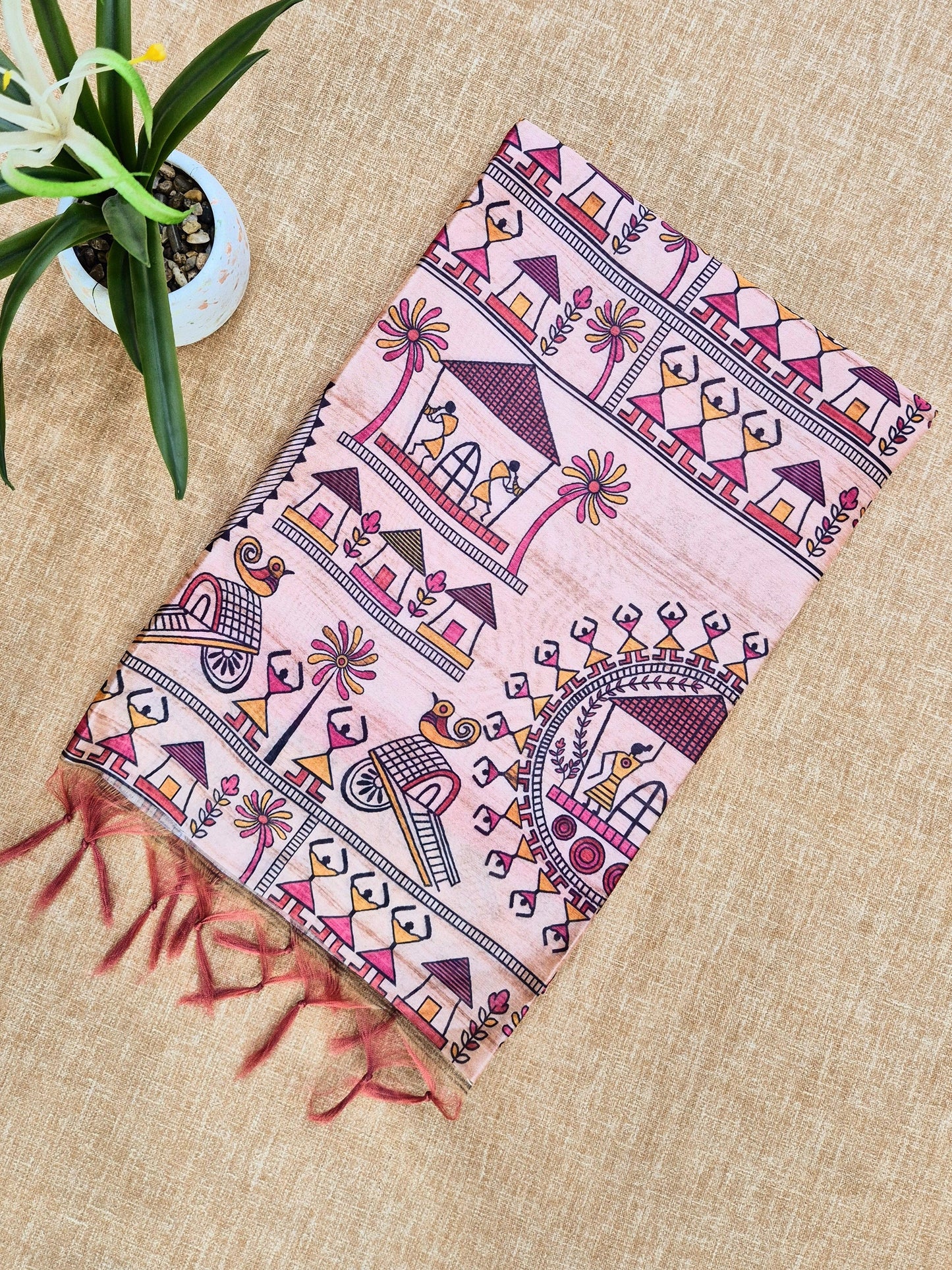 Tussar Silk Saree With  Warli Print Pallu - PINK