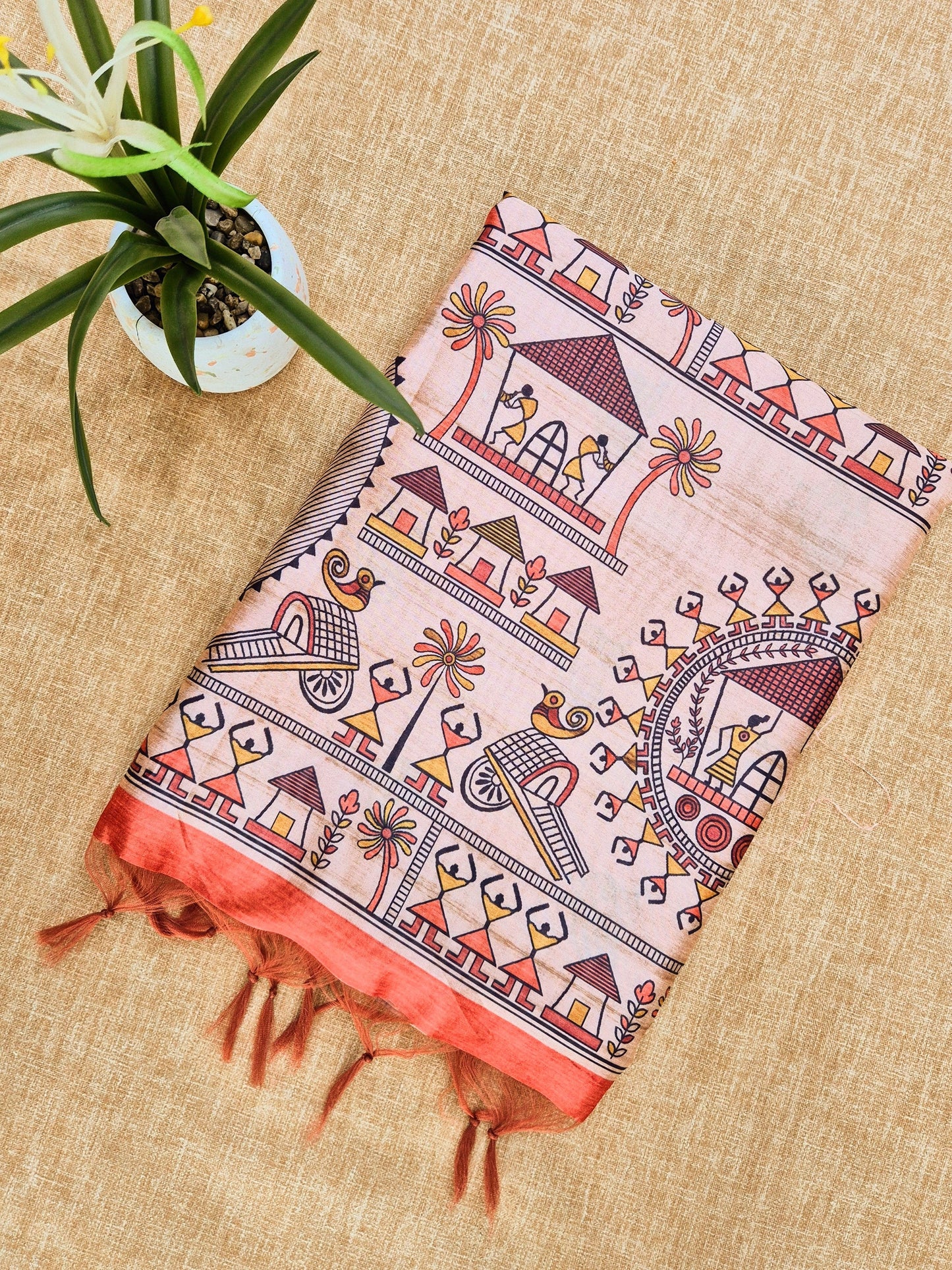 Tussar Silk Saree With  Warli Print Pallu - ORANGE