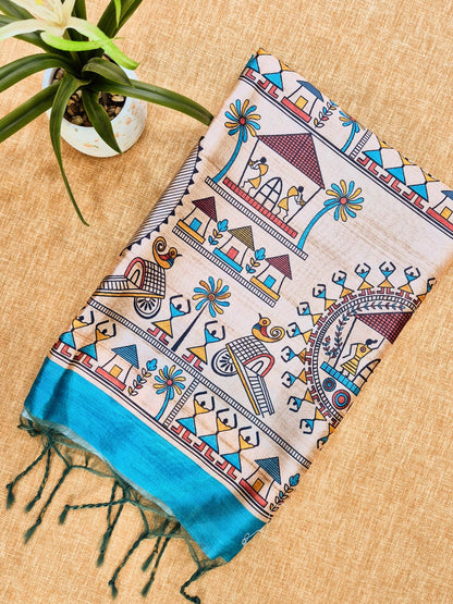 Tussar Silk Saree With  Warli Print Pallu - BLUE