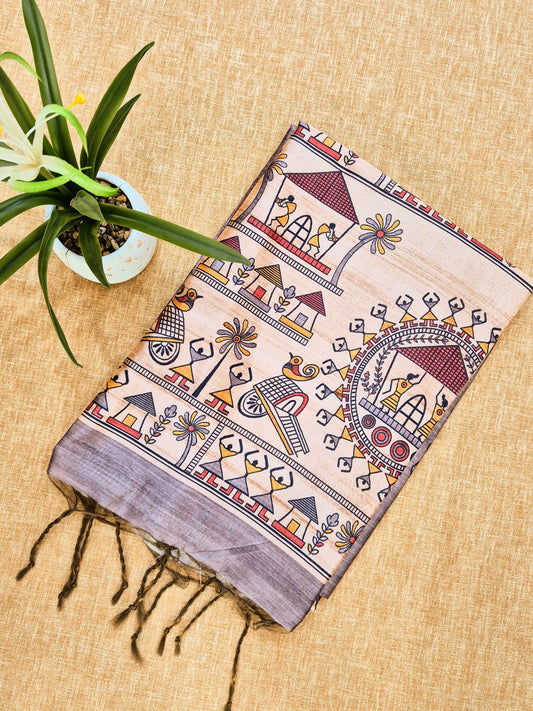 Tussar Silk Saree With  Warli Print Pallu - GREY