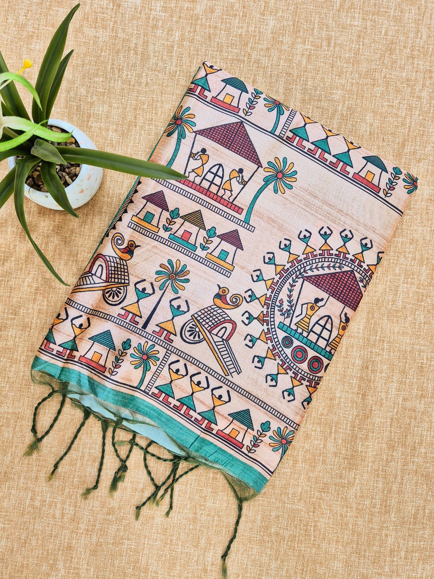 Tussar Silk Saree With  Warli Print Pallu - FIROZI