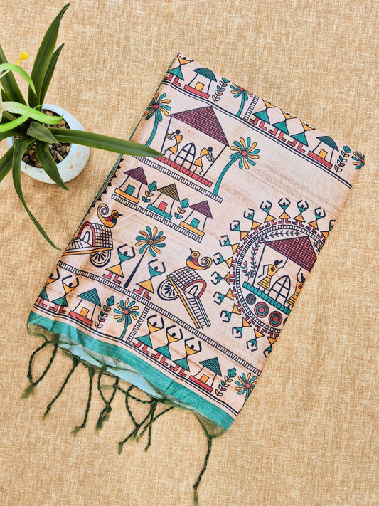 Tussar Silk Saree With  Warli Print Pallu - FIROZI