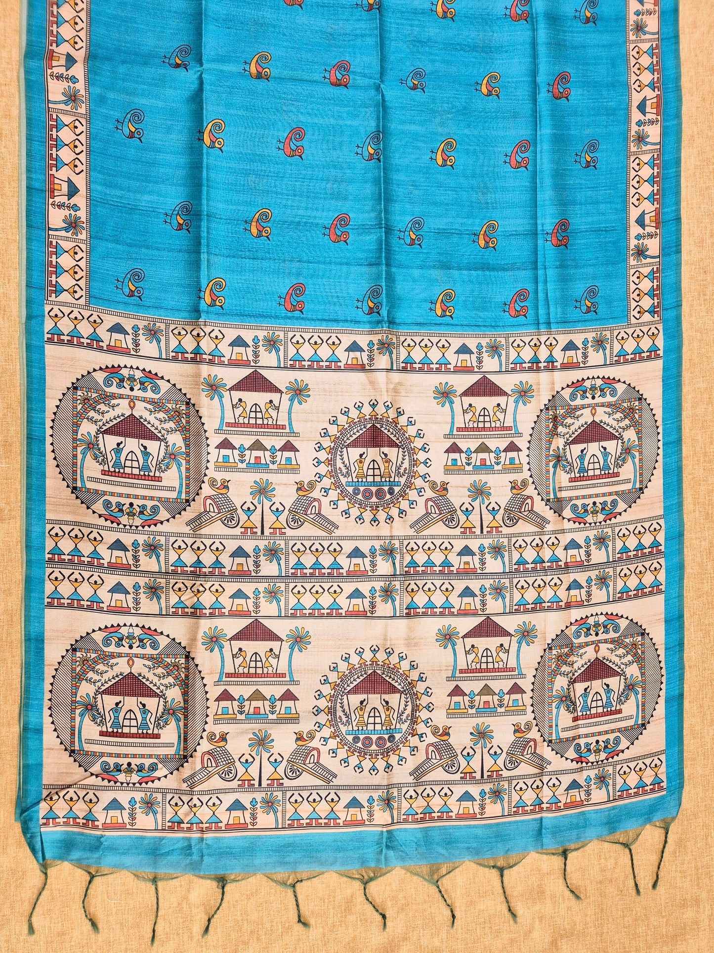 Tussar Silk Saree With  Warli Print Pallu - BLUE