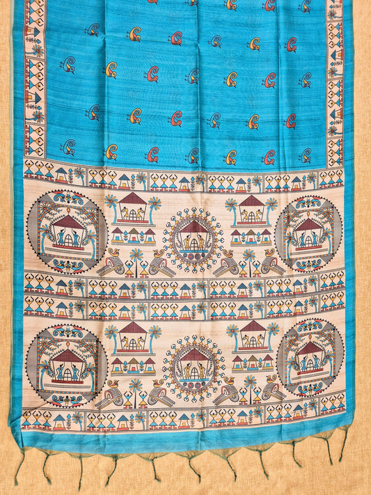 Tussar Silk Saree With  Warli Print Pallu - BLUE