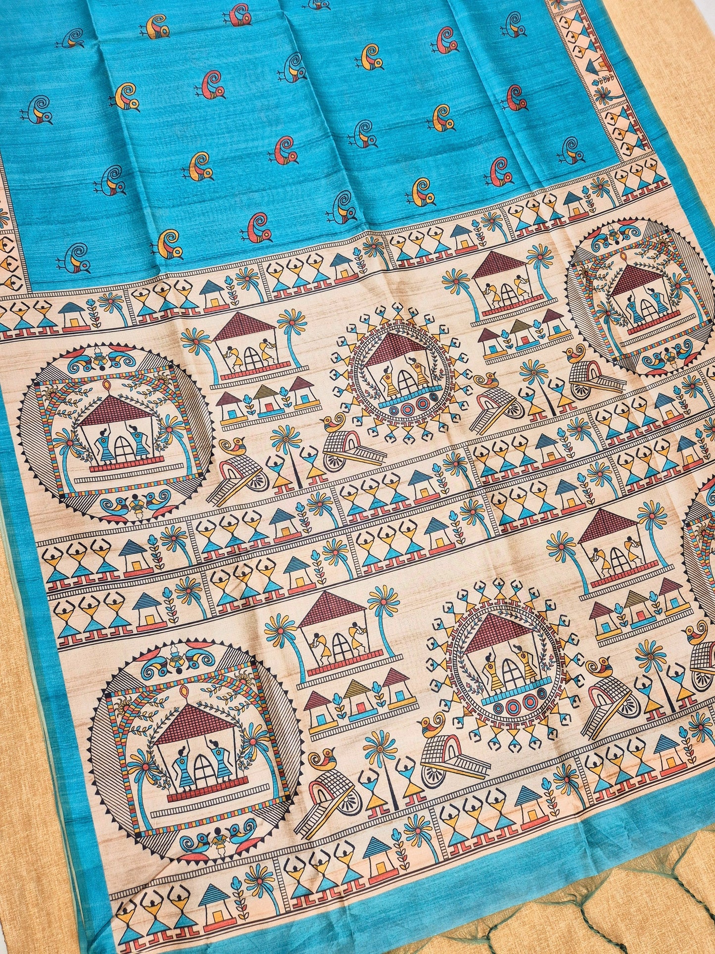 Tussar Silk Saree With  Warli Print Pallu - BLUE
