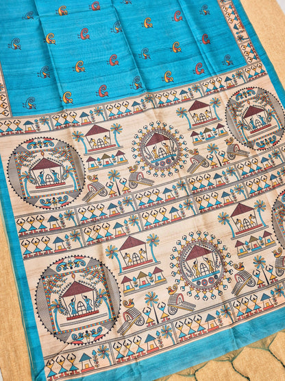 Tussar Silk Saree With  Warli Print Pallu - BLUE