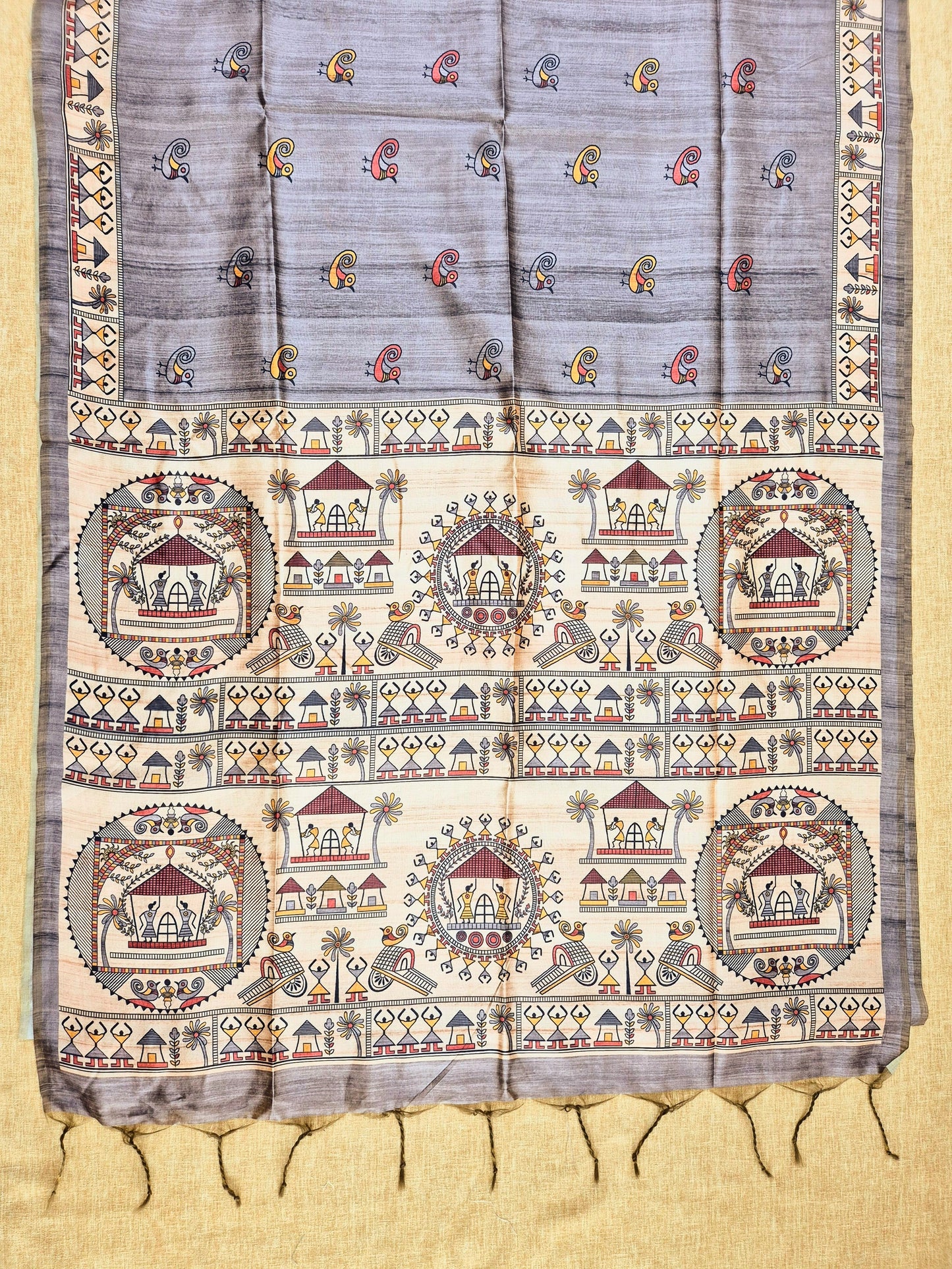 Tussar Silk Saree With  Warli Print Pallu - GREY