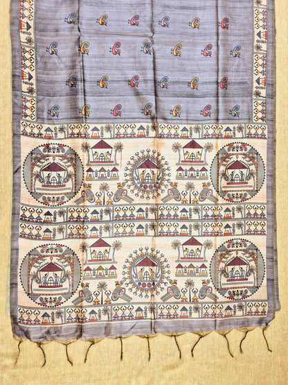 Tussar Silk Saree With  Warli Print Pallu - GREY