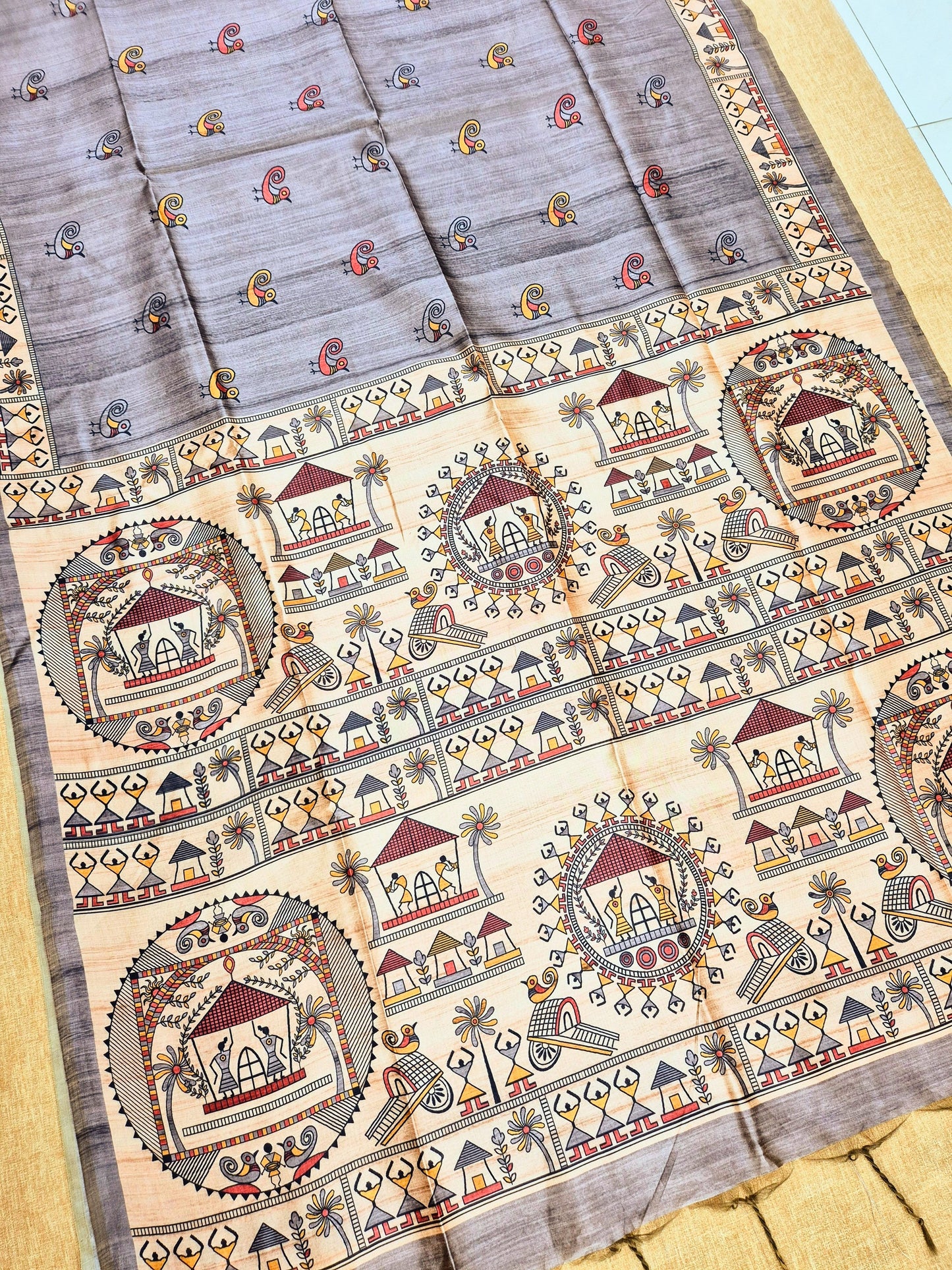 Tussar Silk Saree With  Warli Print Pallu - GREY
