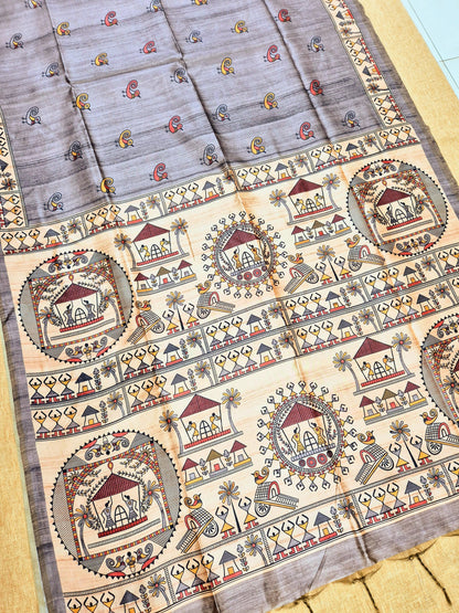 Tussar Silk Saree With  Warli Print Pallu - GREY
